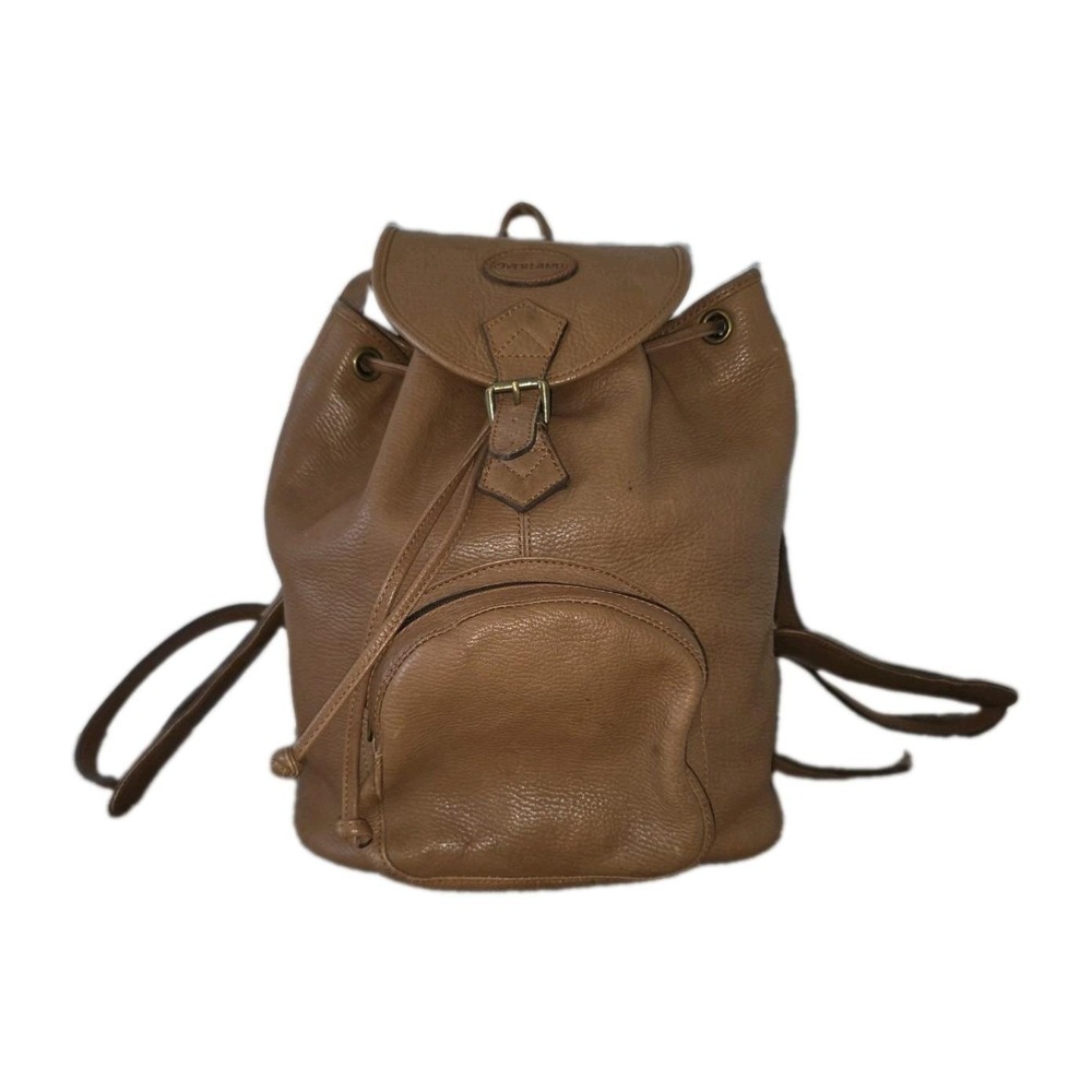 Vtg Overland Brown Pebbled Leather Backpack Rucksack Drawstring Flap Pocket Bag